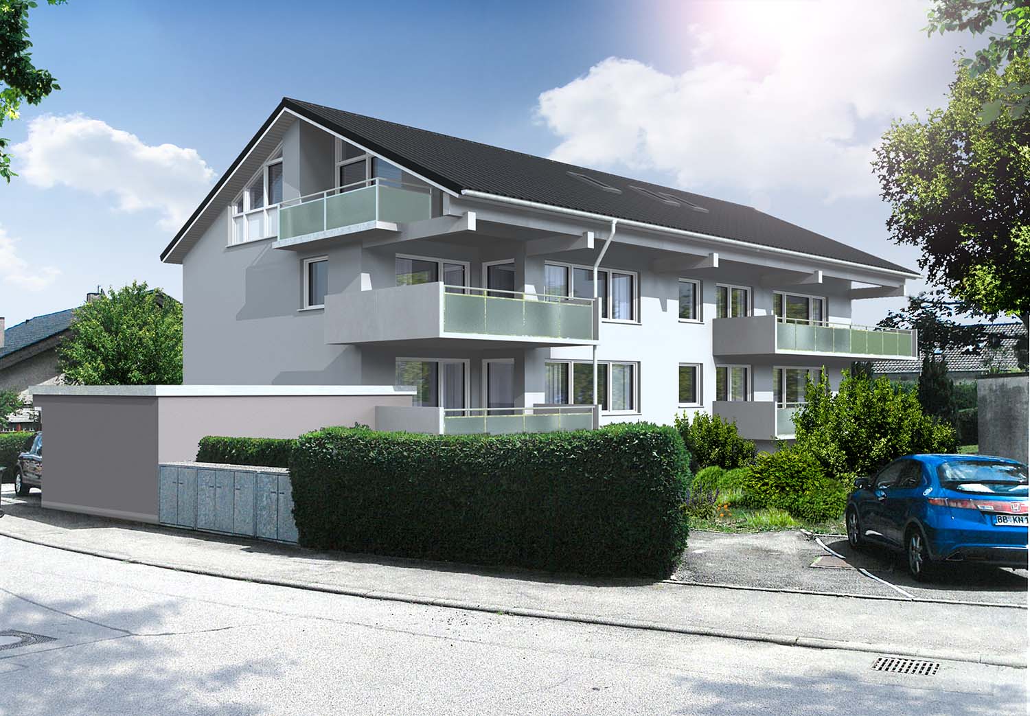 Vorher-Nachher Architekturvisualisierung mit Integration in die Bestandsbilder einer Fassadensanierung  eines Mehrfamilienhauses, Königsbergerstraße, Ehningen für Architektur + Planen S C H E D L  GmbH (Jahr 2017). Hier die Vorher-Variante.